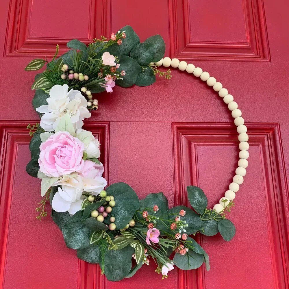 Floral Hoop Wreath: Pink Roses, Eucalyptus, Wood Beads - Boho Farmhouse Decor